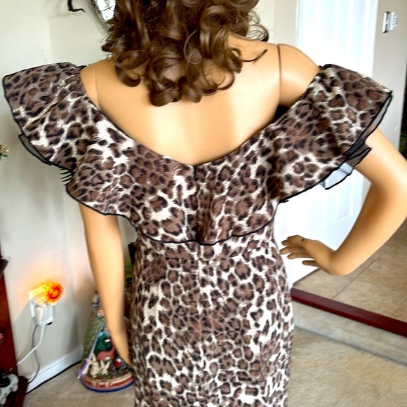 NWOT ANIMAL PRINT RUFFLE BARDOT MIDI DRESS OFF SHOULDER LEOPARD HIGH LOW MULLET - Picture 12 of 16